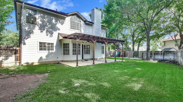 3504 Ashmere Loop SE, Round Rock, TX 78681 - rear view of house featuring a pergola, a chimney, a fenced backyard, and a patio area