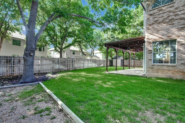 3504 Ashmere Loop SE, Round Rock, TX 78681 - fenced backyard featuring a patio, a pergola, a storage unit, and a ceiling fan