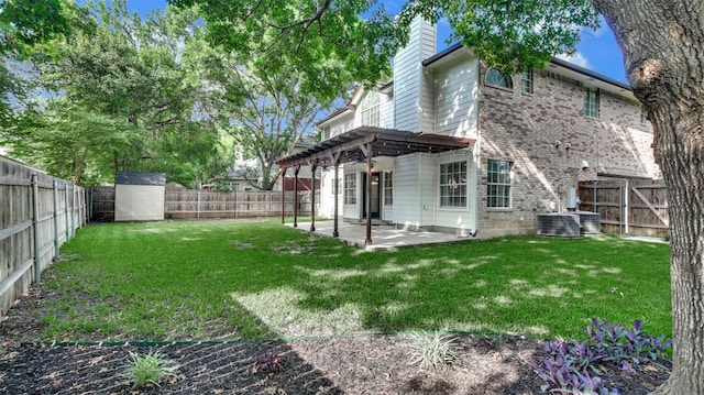 3504 Ashmere Loop SE, Round Rock, TX 78681 - back of house featuring a chimney, a patio area, a fenced backyard, a pergola, and a storage shed