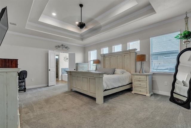 222 Overlook Trl, Copperas Cove, TX 76522 - bedroom with a tray ceiling, multiple windows, light carpet, ornamental molding, and baseboards