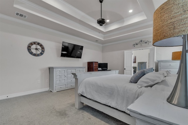 222 Overlook Trl, Copperas Cove, TX 76522 - bedroom featuring a raised ceiling, ornamental molding, recessed lighting, light colored carpet, and baseboards