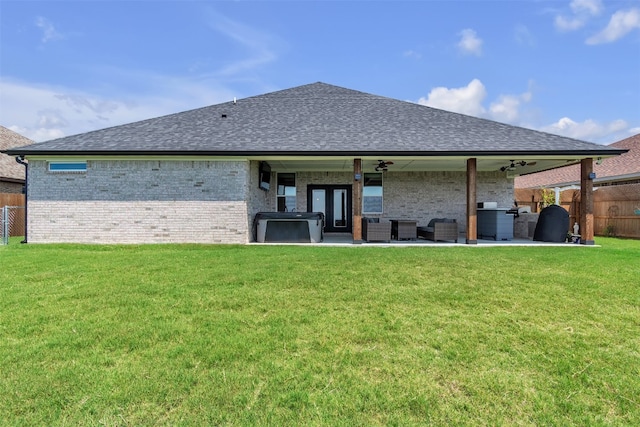 222 Overlook Trl, Copperas Cove, TX 76522 - back of house featuring a ceiling fan, brick siding, an outdoor living space, french doors, and a patio