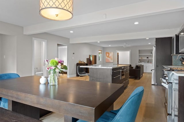 1707 Collier St, Austin, TX 78704 - dining area featuring beam ceiling, light wood-type flooring, recessed lighting, and a ceiling fan