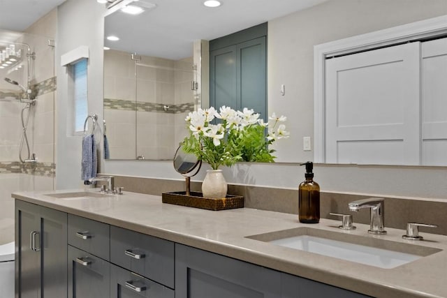 1707 Collier St, Austin, TX 78704 - full bath featuring double vanity, tiled shower, and recessed lighting