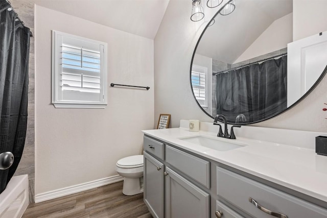 149 Metheglin Dr, Temple, TX 76502 - full bath with lofted ceiling, vanity, wood finished floors, toilet, and baseboards