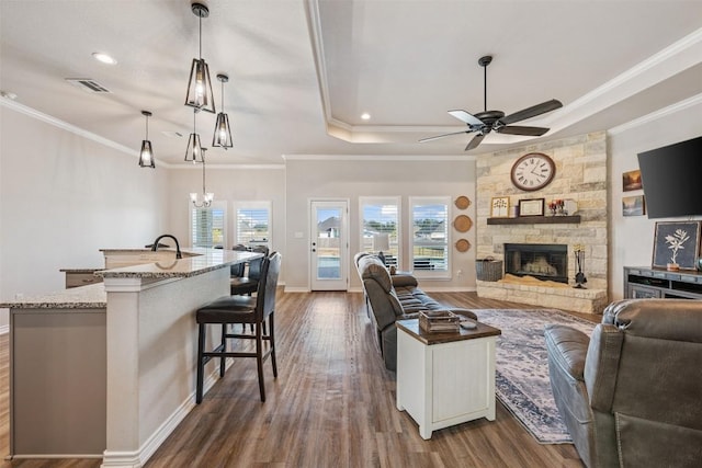 149 Metheglin Dr, Temple, TX 76502 - living area with a raised ceiling, dark wood finished floors, plenty of natural light, crown molding, and recessed lighting
