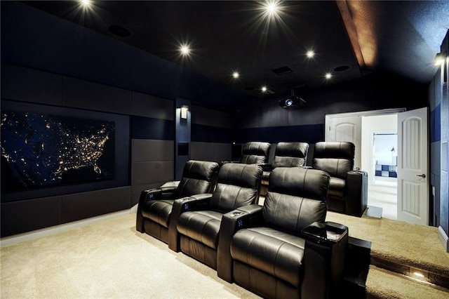 21305 Resource Rd, Pflugerville, TX 78660 - carpeted home theater room featuring vaulted ceiling and recessed lighting