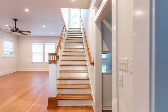1206 W 22nd 1/2 St, Austin, TX 78705 - stairway featuring wood finished floors, recessed lighting, ceiling fan, and baseboards