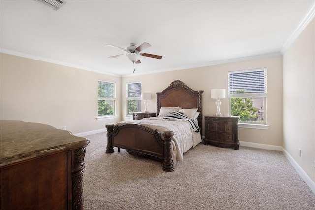 9008 Winter Haven Rd, Austin, TX 78747 - bedroom with baseboards, crown molding, light carpet, and a ceiling fan