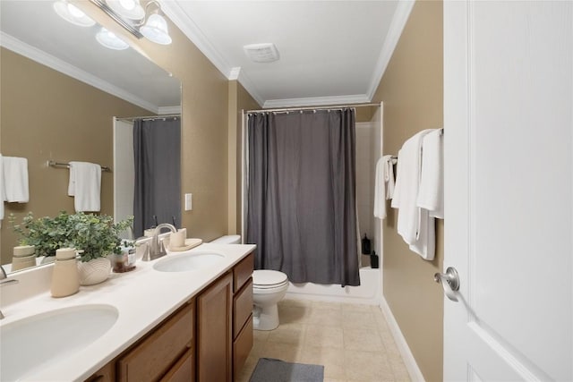 9008 Winter Haven Rd, Austin, TX 78747 - full bathroom featuring double vanity, crown molding, toilet, and shower / tub combo with curtain