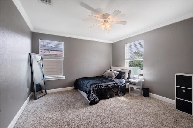 9008 Winter Haven Rd, Austin, TX 78747 - bedroom featuring ornamental molding, carpet flooring, baseboards, and a ceiling fan