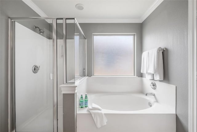 9008 Winter Haven Rd, Austin, TX 78747 - full bath with a shower stall, a bath, and ornamental molding