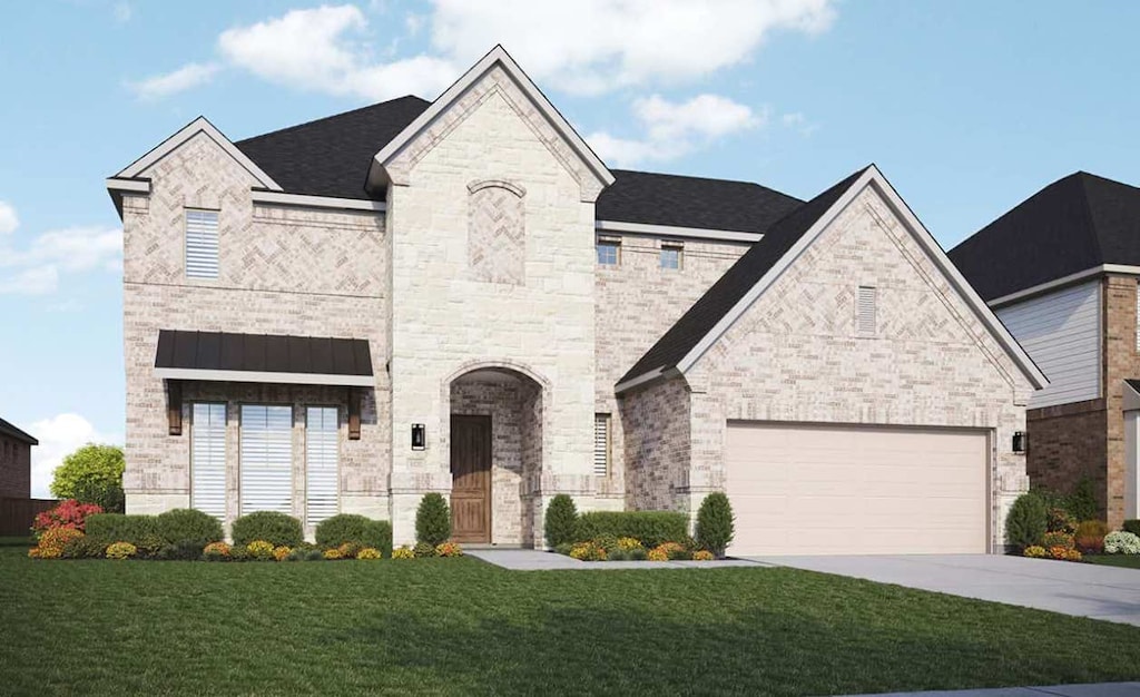 924 Misty Bluff Way, Leander, TX 78641 - french country home featuring driveway, a front lawn, and an attached garage