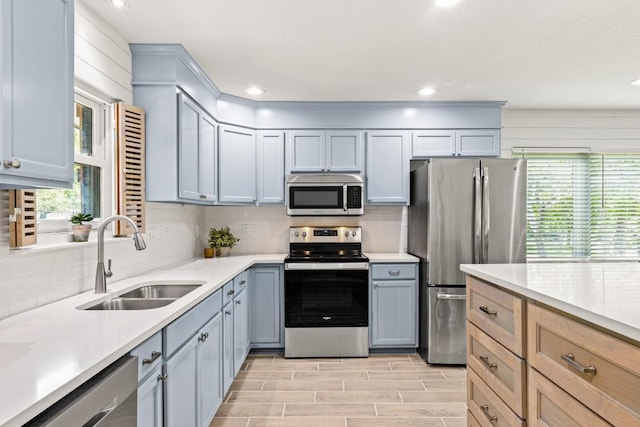 810 River Rd, Wimberley, TX 78676 - kitchen with appliances with stainless steel finishes, a sink, backsplash, light countertops, and recessed lighting