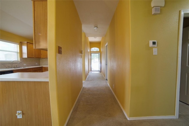 1800 Quiet Meadows Cv, Pflugerville, TX 78660 - hall with light carpet, a sink, and baseboards