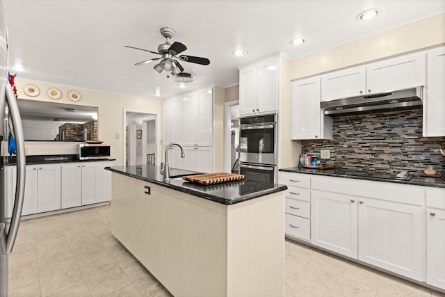 112 Skipcha Trl, Lampasas, TX 76550 - kitchen featuring under cabinet range hood, a sink, appliances with stainless steel finishes, ceiling fan, and tasteful backsplash