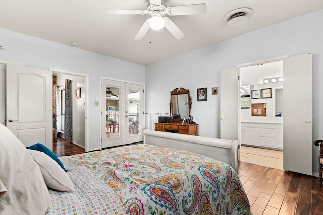 112 Skipcha Trl, Lampasas, TX 76550 - bedroom featuring french doors, wood finished floors, access to exterior, ceiling fan, and connected bathroom