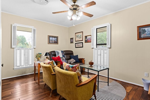 112 Skipcha Trl, Lampasas, TX 76550 - living room with hardwood / wood-style flooring, healthy amount of natural light, ceiling fan, ornamental molding, and baseboards