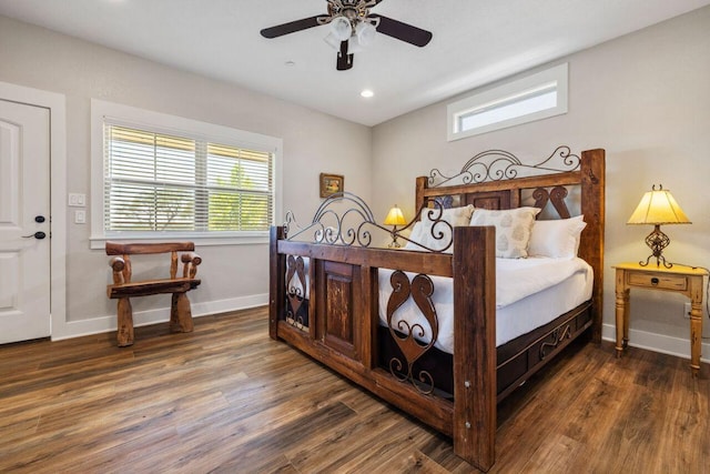 25404 Hamilton Pool Rd, Round Mountain, TX 78663 - bedroom with wood finished floors, baseboards, recessed lighting, and ceiling fan