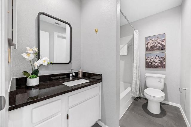 8316 Greenslope Dr Unit A, Austin, TX 78759 - full bathroom featuring toilet, vanity, shower / tub combo with curtain, finished concrete flooring, and baseboards