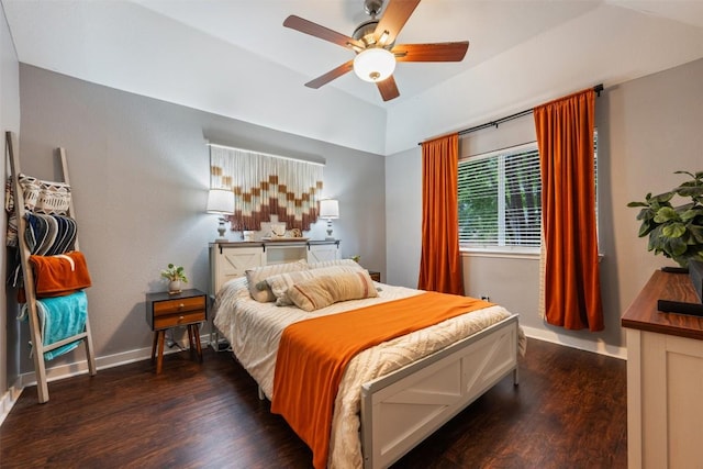 1003 Buttercup Ct, Leander, TX 78641 - bedroom featuring baseboards, wood finished floors, a ceiling fan, and vaulted ceiling