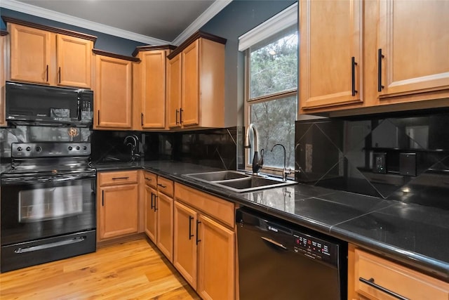 1454 Rose Ln, Canyon Lake, TX 78133 - kitchen featuring black appliances, a sink, ornamental molding, tasteful backsplash, and light wood finished floors