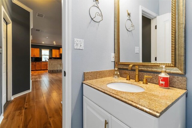 1454 Rose Ln, Canyon Lake, TX 78133 - bathroom featuring wood finished floors and vanity