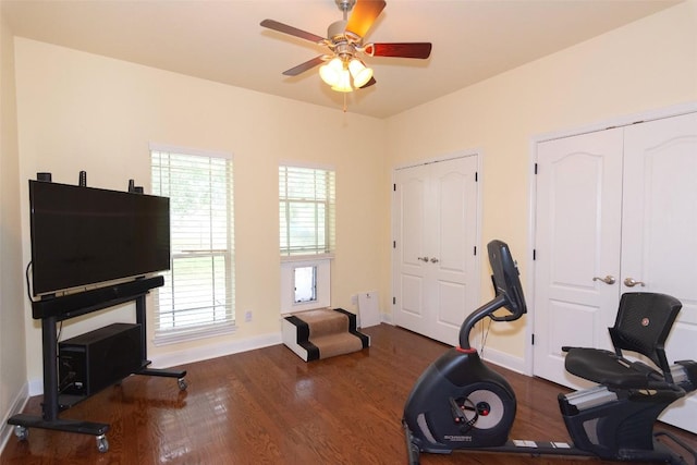 1367 Indian Pass, Salado, TX 76571 - workout area with dark wood-type flooring, a ceiling fan, and baseboards