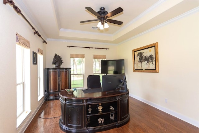 1367 Indian Pass, Salado, TX 76571 - office featuring a raised ceiling, dark wood finished floors, crown molding, a ceiling fan, and baseboards