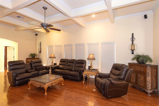 1367 Indian Pass, Salado, TX 76571 - living area featuring coffered ceiling, ceiling fan, beam ceiling, wood finished floors, and crown molding
