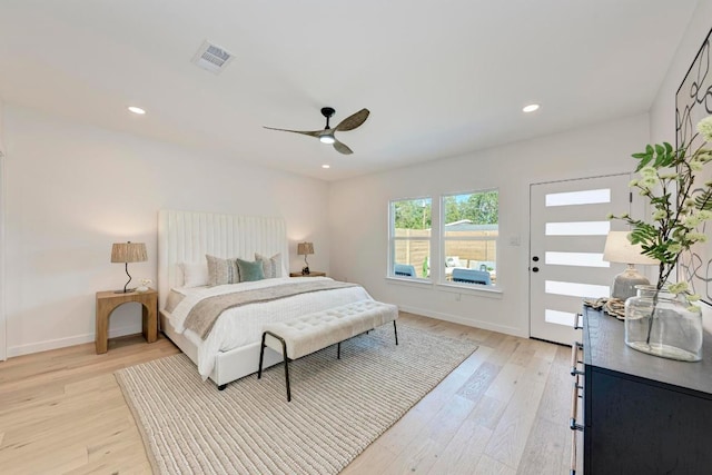 1314 Ridgemont Dr, Austin, TX 78723 - bedroom with light wood finished floors, baseboards, ceiling fan, and recessed lighting