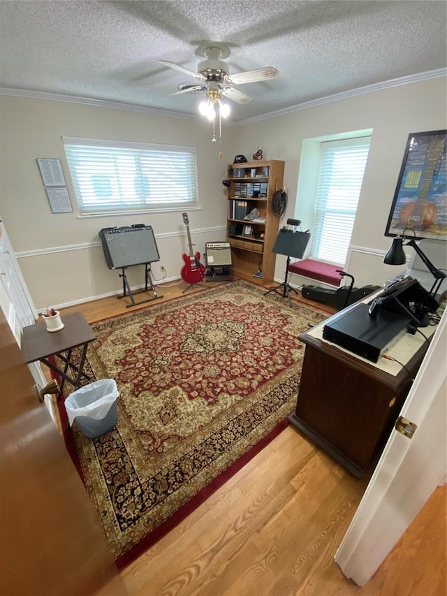 140 Oakridge Rd, Georgetown, TX 78628 - office area featuring wood finished floors, a textured ceiling, ceiling fan, and crown molding