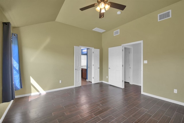 18409 Hees Ln, Pflugerville, TX 78660 - spare room featuring a ceiling fan, dark wood-type flooring, baseboards, and high vaulted ceiling