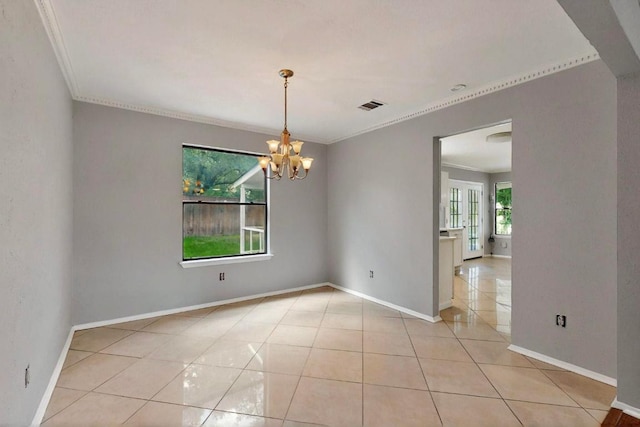 2617 Chowan Cv, Round Rock, TX 78681 - spare room featuring ornamental molding, light tile patterned flooring, and a chandelier