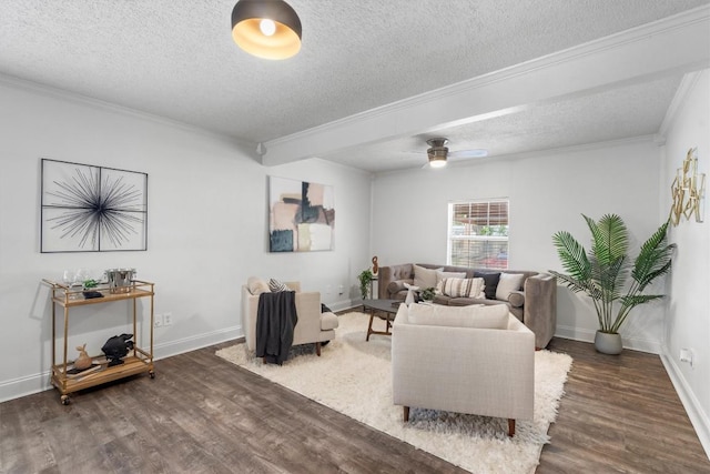 1125 Christie Dr, Austin, TX 78721 - living room featuring a textured ceiling, crown molding, wood finished floors, baseboards, and ceiling fan