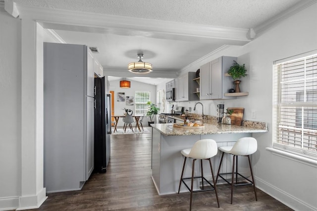 1125 Christie Dr, Austin, TX 78721 - kitchen featuring stainless steel appliances, open shelves, a textured ceiling, a peninsula, and crown molding