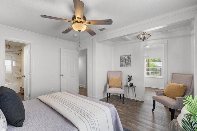1125 Christie Dr, Austin, TX 78721 - bedroom with ornamental molding, wood finished floors, baseboards, a ceiling fan, and connected bathroom