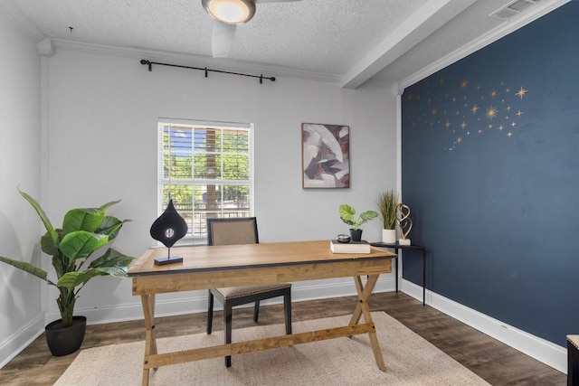 1125 Christie Dr, Austin, TX 78721 - office space featuring a textured ceiling, wood finished floors, and crown molding