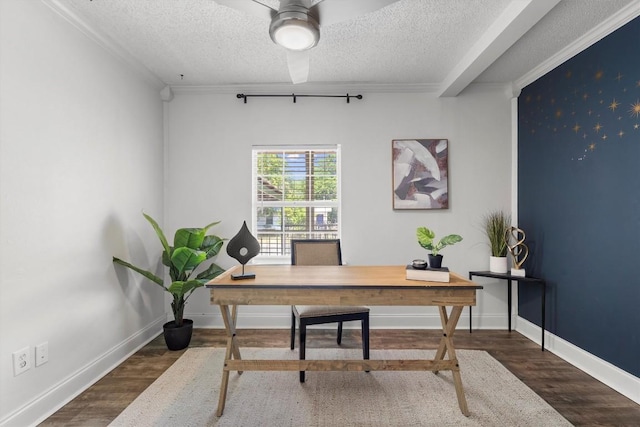 1125 Christie Dr, Austin, TX 78721 - office featuring a ceiling fan, a textured ceiling, wood finished floors, and ornamental molding
