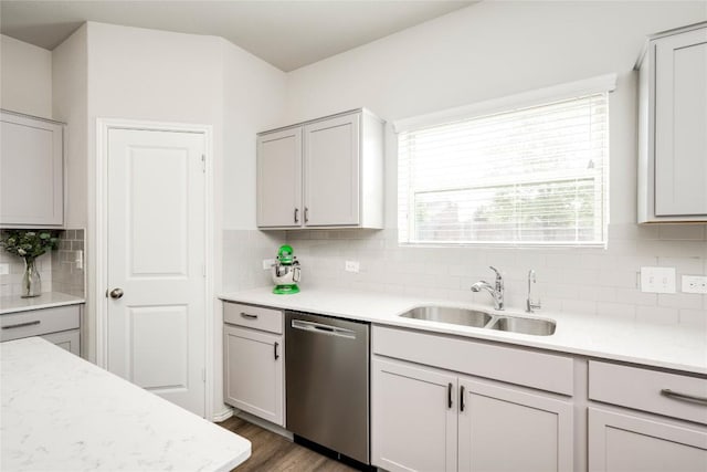 10701 Dimitrios Dr, Austin, TX 78747 - kitchen featuring stainless steel dishwasher, decorative backsplash, and dark wood-style flooring