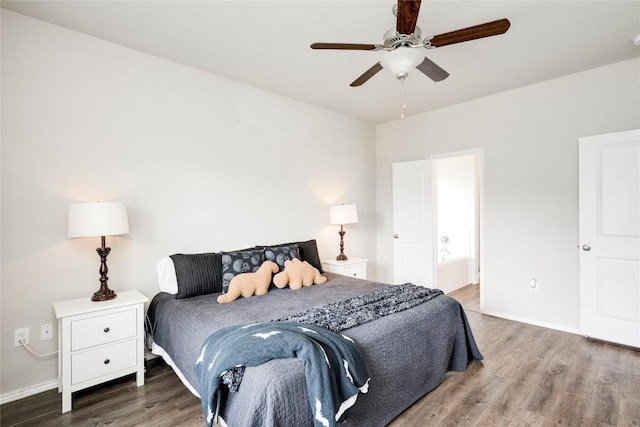 10701 Dimitrios Dr, Austin, TX 78747 - bedroom featuring wood finished floors, ensuite bath, and a ceiling fan