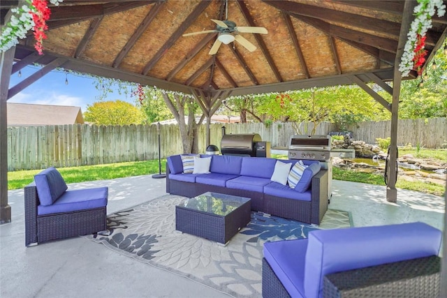 731 Verna Lee Blvd, Harker Heights, TX 76548 - fenced backyard with a gazebo, ceiling fan, outdoor lounge area, and a patio