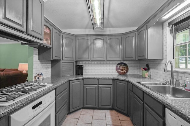 731 Verna Lee Blvd, Harker Heights, TX 76548 - kitchen featuring gray cabinetry, white appliances, a sink, backsplash, and crown molding