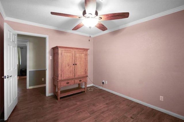 731 Verna Lee Blvd, Harker Heights, TX 76548 - unfurnished bedroom featuring dark wood finished floors, baseboards, ornamental molding, and ceiling fan