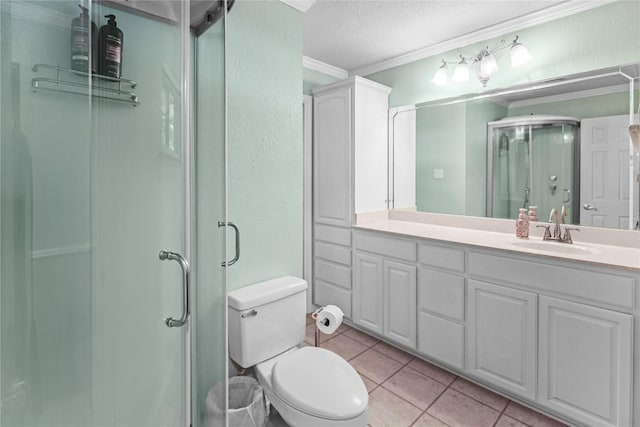 731 Verna Lee Blvd, Harker Heights, TX 76548 - bathroom with vanity, a stall shower, crown molding, tile patterned floors, and toilet