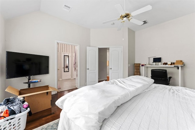 5357 Austral Loop, Austin, TX 78739 - bedroom with wood finished floors, ceiling fan, and high vaulted ceiling