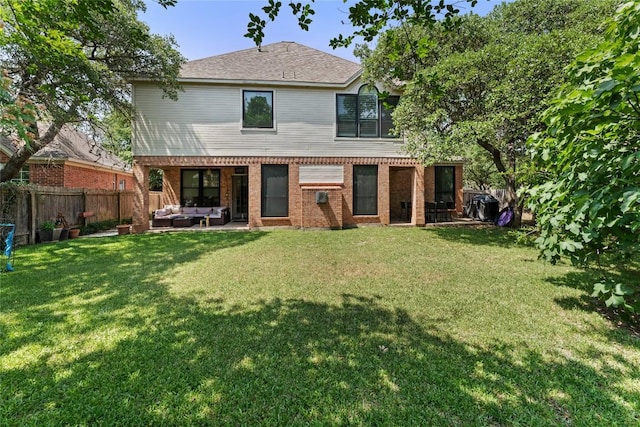 5357 Austral Loop, Austin, TX 78739 - rear view of property with outdoor lounge area, a fenced backyard, brick siding, and a patio area