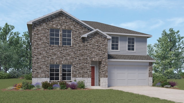549 Osprey Dr, Leander, TX 78641 - traditional home with concrete driveway, a garage, a front lawn, a shingled roof, and stone siding