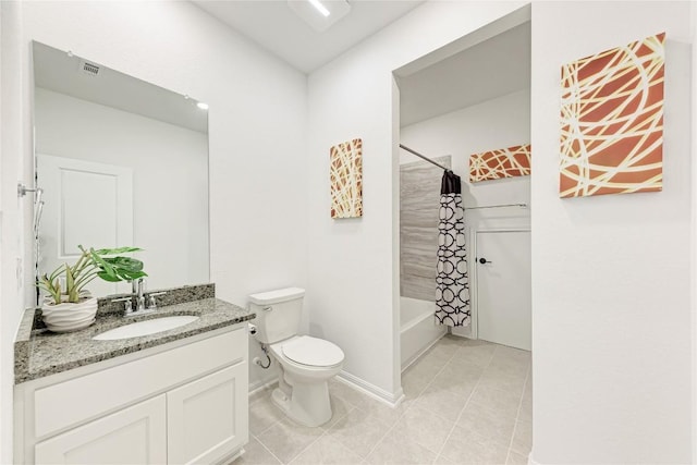 5028 Olimpico Way, Leander, TX 78641 - bathroom featuring vanity, toilet, tile patterned floors, shower / bathtub combination with curtain, and baseboards