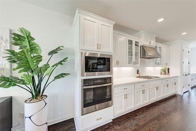 5028 Olimpico Way, Leander, TX 78641 - kitchen featuring appliances with stainless steel finishes, under cabinet range hood, dark wood-style floors, white cabinets, and recessed lighting